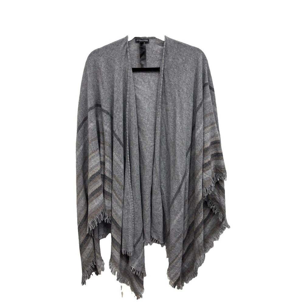 Eileen Fisher Gray Striped Wool Cape Shawl Serape One Size Women Fringe Wrap